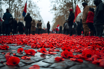 Armistice Day in France: Honoring World War I Heroes with Poppies Amidst French Flags