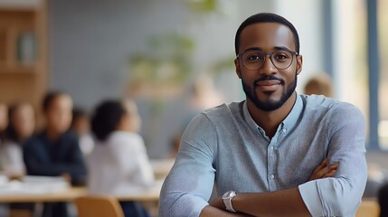 A portrait of a teacher leaning against the desk, casually discussing a topic with the class in a relaxed setting.