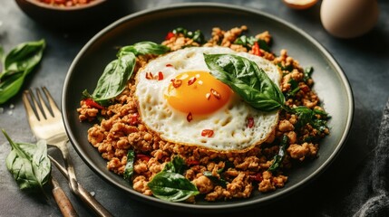 A fresh plate of Thai basil chicken (pad krapow gai), with ground chicken, basil leaves, and a fried egg on top.
