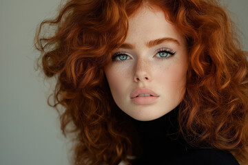Naklejka premium portrait of a young woman with voluminous curly red hair and natural makeup exuding serenity