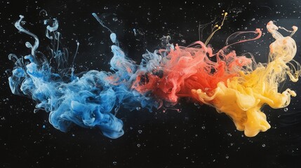 Obraz premium Vibrant ink explosion of red, blue, and yellow colors in dark space