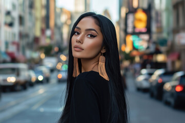 Fototapeta premium urban portrait of a young arabic woman with sleek long black hair and dramatic makeup in the city