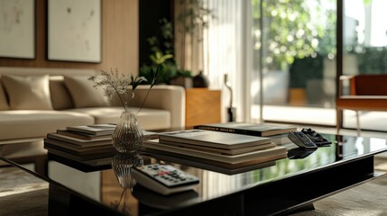 A glass coffee table in a modern living room, with decorative objects like books, plants, and a remote control.