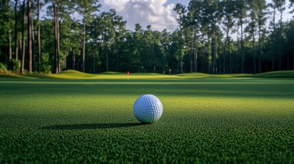 A golf ball resting on the fairway, with the flag in the distance and trees lining the hole.
