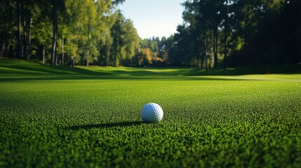 A golf ball resting on the fairway, with the flag in the distance and trees lining the hole.