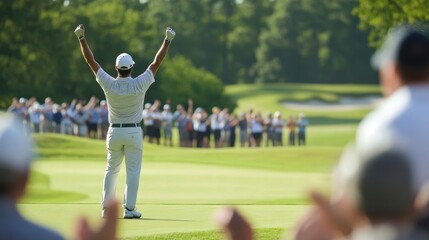 A golfer celebrating with arms raised after making a birdie putt, while spectators clap in the background.