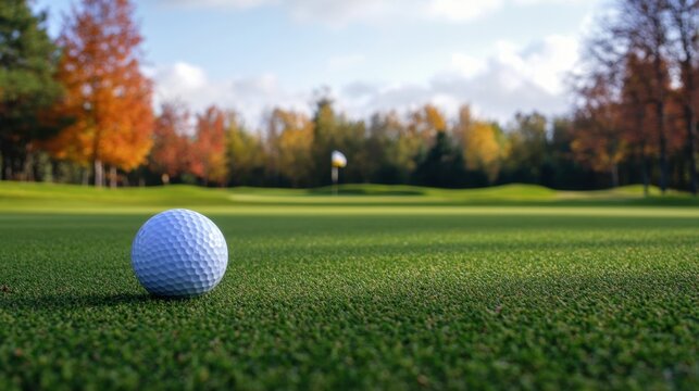 A golf ball resting on the fairway, with the flag in the distance and trees lining the hole.