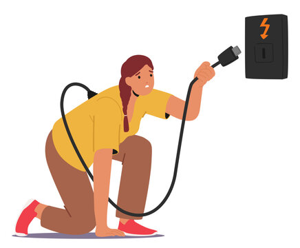 Woman Kneeling While Holding A Power Cable Plug Trying To Connect To A Socket Highlighting Concepts Of Energy