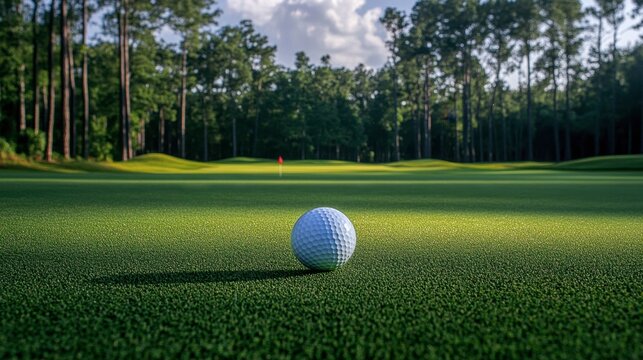 A golf ball resting on the fairway, with the flag in the distance and trees lining the hole.