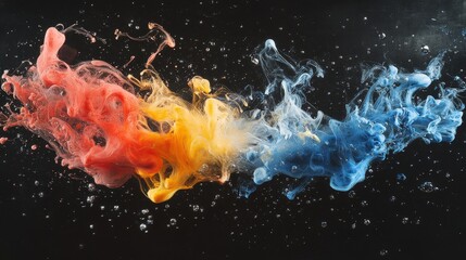Obraz premium Vibrant ink explosion of red, blue, and yellow colors in dark space