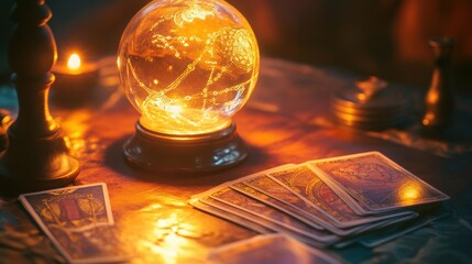 glowing crystal ball resting on an ornate wooden stand,with tarot cards and candle lights, magic scene