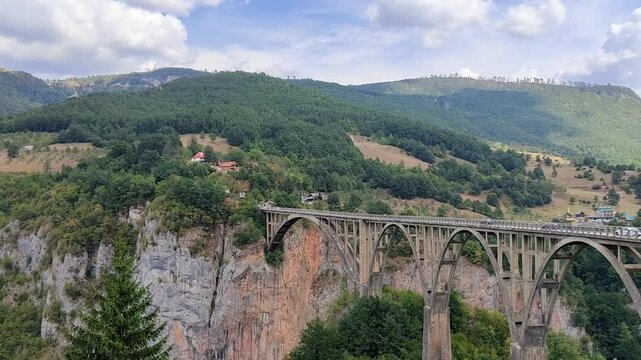 Đurđevića Tara Bridge in Montenegro, the highest abd popular bridge. Beautiful nature view on canyon which based between Žabljak and Pljevlja in Durmitor National Park.
