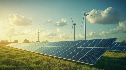 A large field of solar panels with wind turbines in the background, showing multiple renewable energy sources working together.