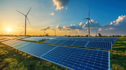 A large field of solar panels with wind turbines in the background, showing multiple renewable energy sources working together.