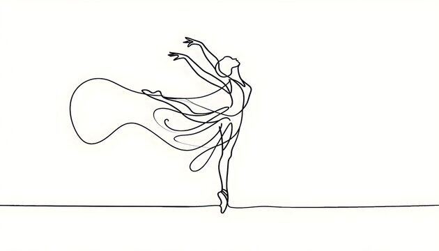Continuous single line art drawing of a female dancer in a dynamic dancing step on a white background