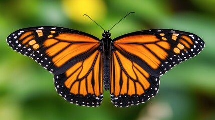 Fototapeta premium A macro shot of an orange monarch butterfly, with its wings spread wide against a blurred natural background.