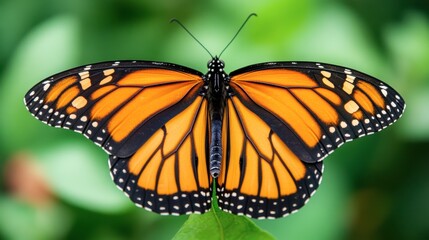 Naklejka premium A macro shot of an orange monarch butterfly, with its wings spread wide against a blurred natural background.
