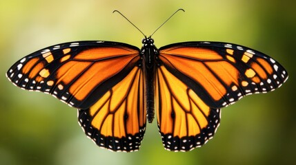 Fototapeta premium A macro shot of an orange monarch butterfly, with its wings spread wide against a blurred natural background.
