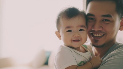 Fototapeta premium Young father smiles holding his baby son, both beaming with joy, showcasing the essence of family love and togetherness in a cozy home setting