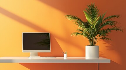 A minimalist home office with an orange accent wall, a sleek white desk, and a potted plant adding freshness to the space.