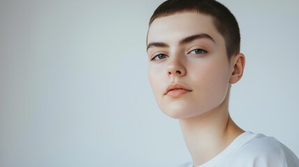 Confident young woman with short hair poses in a minimalist studio, exuding independence and style in a serene atmosphere, appealing to diverse audiences - Powered by Adobe