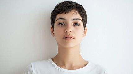 Young woman with short hair is posing for the camera against a white background, looking serious with her lips together