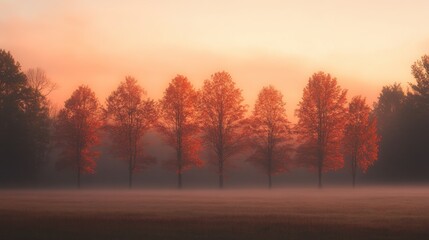 A moody autumn landscape with a foggy orange sunrise peeking through a row of trees covered in fall foliage.