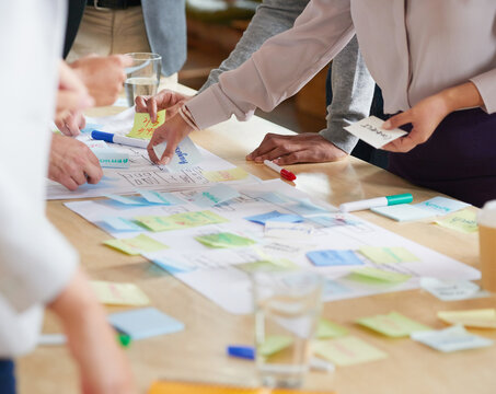 Hands, team and documents in office with sticky note, planning and mind map for inspiration at company. People, huddle and scrum for brainstorming, group and synergy for solution at creative agency