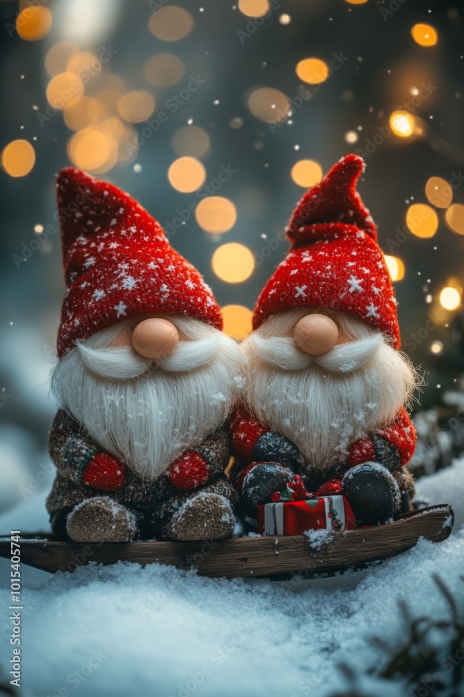 Wall mural two santa clauses on small wooden sleighs with gifts. christmas greeting card with santa claus. fest