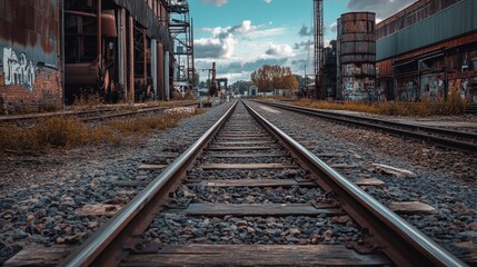 Fototapeta premium A pair of railway tracks running parallel through an industrial area, with warehouses and machinery in the background.