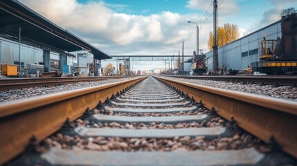Fototapeta premium A pair of railway tracks running parallel through an industrial area, with warehouses and machinery in the background.