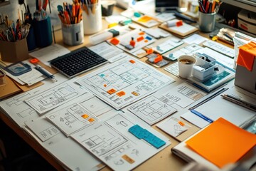 A table with a laptop, a stack of papers, and a variety of art supplies