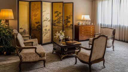 Stylish living room features a folding screen, chest of drawers, armchairs, and plush carpet.
