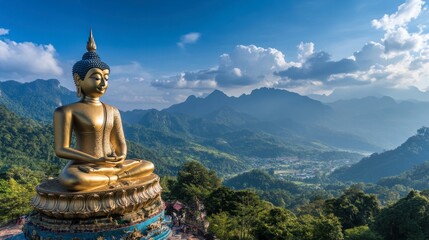 A panoramic view of a large golden Buddha statue sitting cross-legged on a hilltop, with mountains in the distance.