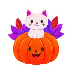 A white cat on a pumpkin with colorful leaves. Halloween, autumn illustration, greeting card