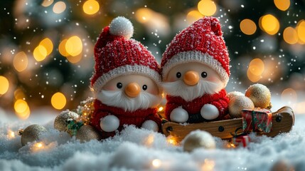 Two Santa Clauses on small wooden sleighs with gifts. Christmas greeting card with Santa Claus. Festive decoration. New Year. Selective focus. Cute funny gnomes, decorated for Christmas