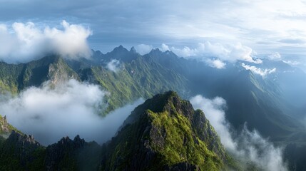 Fototapeta premium A panoramic view of Fansipan Mountain, the highest peak in Vietnam, with clouds rolling over the jagged cliffs.