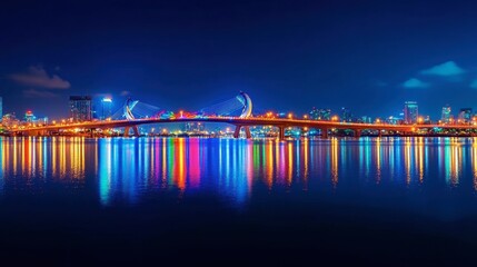 A panoramic view of the Dragon Bridge in Da Nang, lit up at night with colorful lights reflecting in the river.