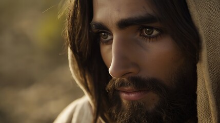 Bearded man in a tunic contemplates in a desert sunset, surrounded by nature's peace, bathed in golden light, evoking hope and inner peace
