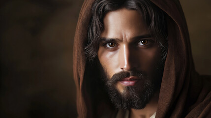 Fototapeta premium Dramatic portrait of a prophet wearing a brown cloak, illuminated by soft, ethereal light. His intense gaze conveys wisdom and a connection to the divine