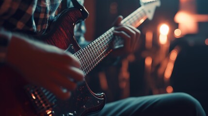 Fototapeta premium Passionate guitarist playing electric guitar on stage at lively concert with vibrant lighting, captivating audience with mesmerizing melody