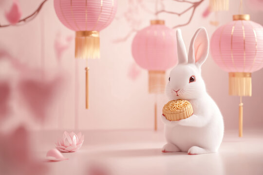 adorable white bunny with mooncake amidst pink lanterns