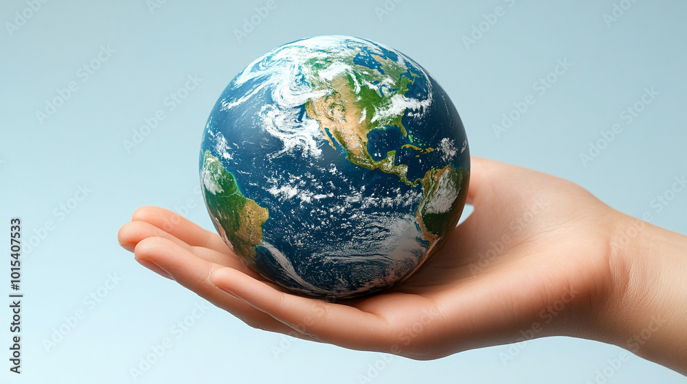 Wall mural Earth floating gracefully above a hand, symbolizing humanity's responsibility to protect the planet. This visual encapsulates the delicate balance between nature and human impact