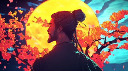 A man with long black hair tied up in a bun stands in front of a cherry blossom tree and a large yellow moon.