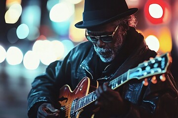 Obraz premium Elderly busker wearing a hat and sunglasses is concentrating on playing blues music on his guitar in an urban environment