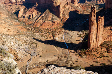 Long shadow from Spider Rock, the famous location for movies and commercials,  in Canyon de Chelly National monument owned by Navajo tribe, Arizona, USA