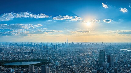 Fototapeta premium A panoramic view of Tokyo from an observation deck, with skyscrapers and landmarks stretching into the distance.