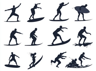 These high quality silhouettes of surfers surfing the waves on their surfboards show a surfer riding the waves and catching waves