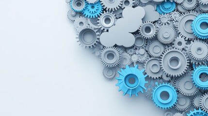 Black-blue metallic gears and cogs at work on white background. Industrial machinery. 3D illustration. High quality 3D rendering. 3D CG. PNG file format.