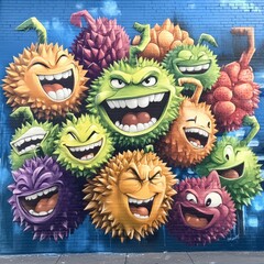 Colorful graffiti featuring vibrant, smiling cartoon monsters on a blue brick wall.